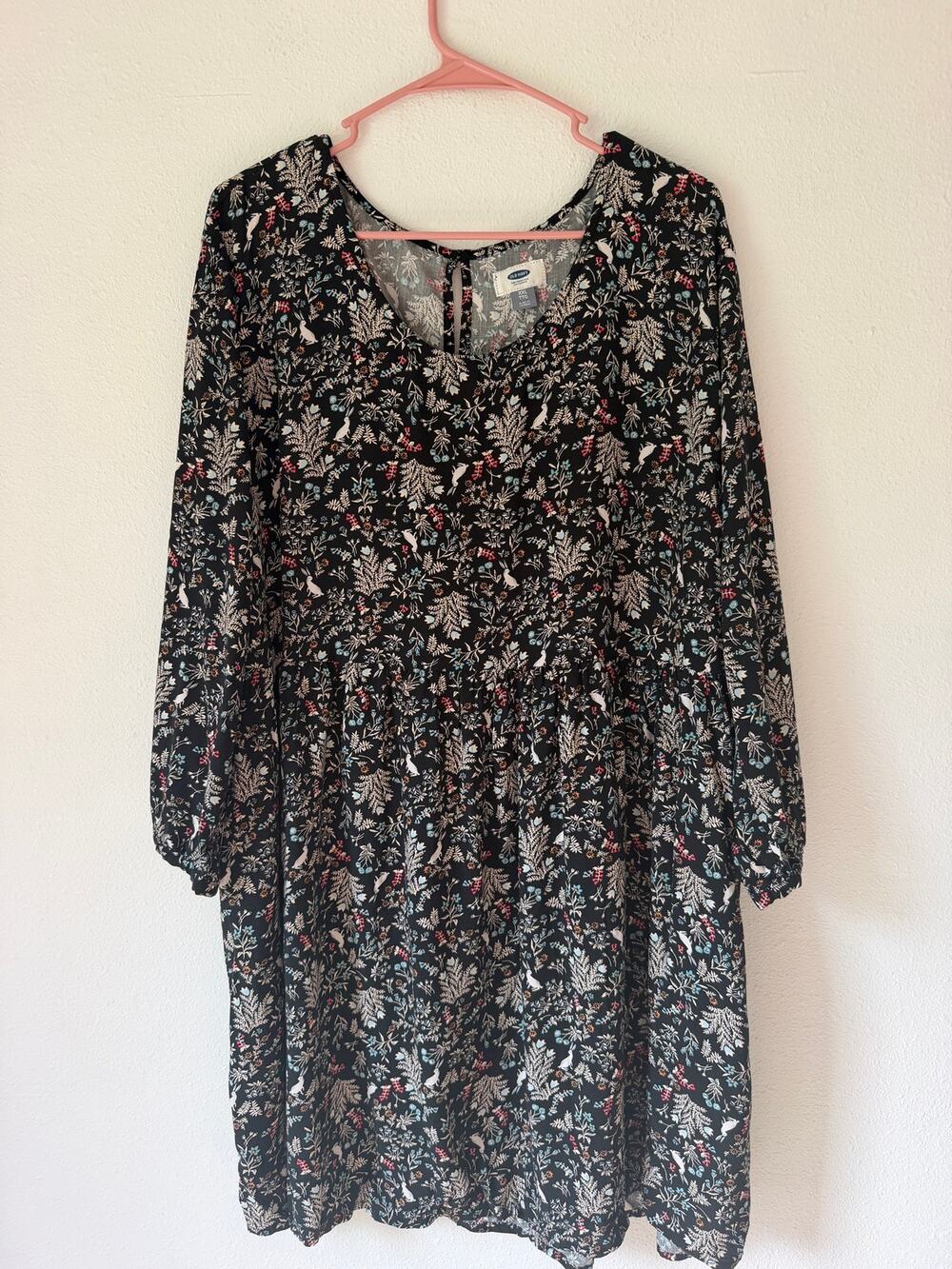 Old Navy Black Blue Rabbit Floral Long Sleeve Peasant Cottagecore Dress Size XXL